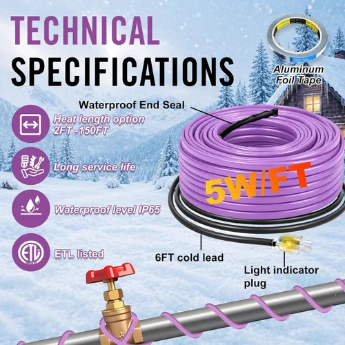 Vista 5 de Cinta térmica de 2 pies para tuberías de agua Cable de calefacción de techo y canaletas con enchufe iluminado de 6 pies
