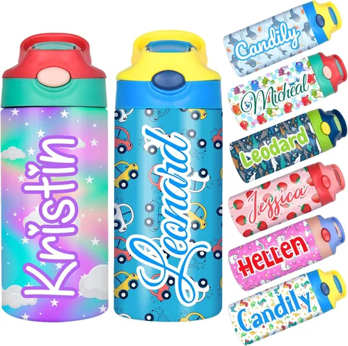 Vista 9 de Botella de agua personalizada para niños, niñas, niños, botellas de agua personalizadas de 12 onzas con nombre y tapa de pajilla, tazas de acero