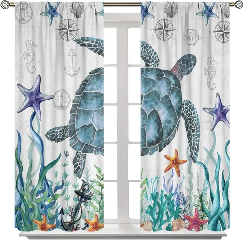 Vista 40 de Cortinas de decoración de playa con océano azul, peces náuticos costeros playeros de verano, conchas marinas, temática infantil, dormitorio, sala