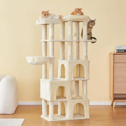 Vista 9 de MWPO Árbol grande para gatos de interior, torre de gatos de 63 pulgadas con 3 condominios para gatos, postes rascadores, pedestales acolchados, Beige
