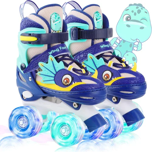 Vista 15 de Dino - Patines de ruedas para niños y niñas, WESKIFAN Dinosaur Quad Skating Shoes con ruedas brillantes y tamaños ajustables para principiantes