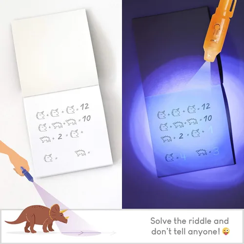 Vista 4 de BONNYCO - Bolígrafo de tinta invisible y cuaderno; paquete de 16 unidades de recuerdos de fiesta de dinosaurios para niños; suministros para fiestas