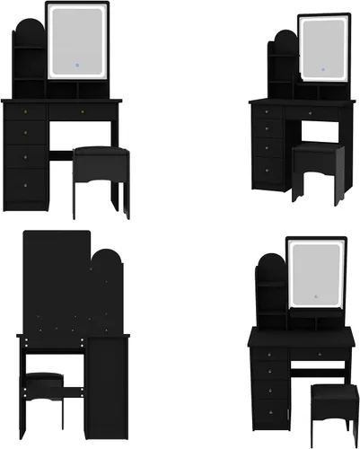 Vista 7 de Tocador con silla, tocador con espejo rectangular iluminado, 5 cajones y estantes, juego de tocador de maquillaje con almacenamiento