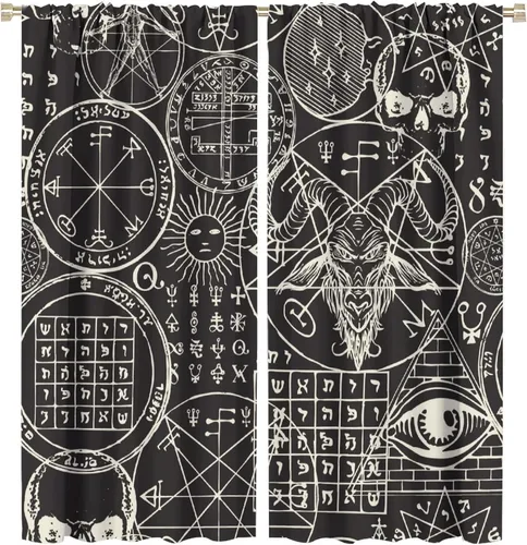 Vista 35 de BAEKJIN Cortinas de cabeza de cabra, diseño de calavera malvada, bruja, símbolo misterioso, bolsillo para barra, cortinas opacas para ventana, juego