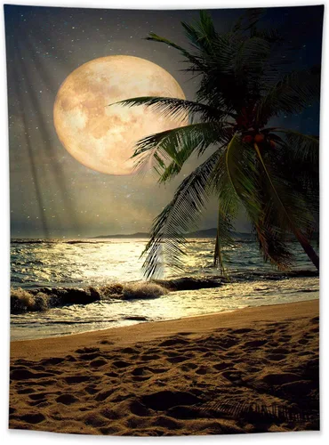 Vista 12 de LB Tapiz pequeño de luna llena sobre océano, tapiz de pared de cielo nocturno estrellado, fantasía 3D, arte de pared de luna grande en blanco