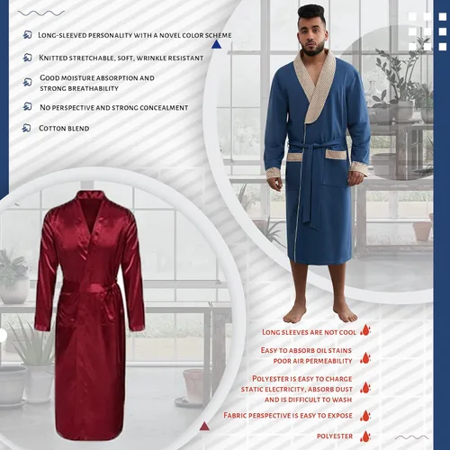 Vista 4 de MHJHBBE Bata de punto para hombre, de algodón, ligera, suave, de manga larga, con cuello chal