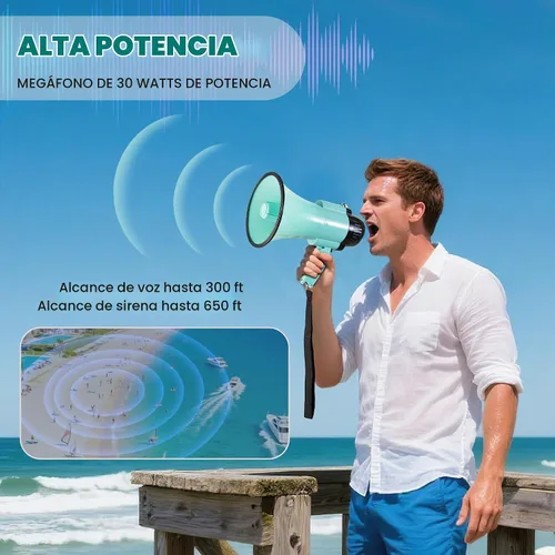 Vista 4 de Altavoz Megáfono Portátil de 30 Vatios con Voz, Sirena/Alarma y Grabación de 240S con Control de Volumen y Correa Verde azulado.