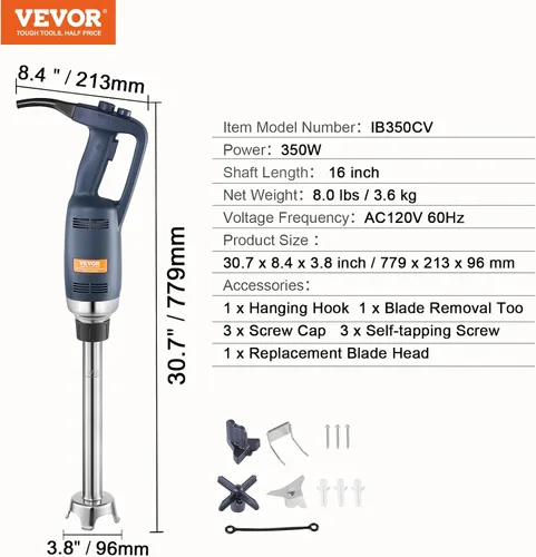Vista 7 de VEVOR Batidora de Inmersión Comercial, Mezclador de Mano de 350W de Alta Resistencia, Mezclador de Velocidad Variable Sin Escalas de 16 Pulgadas