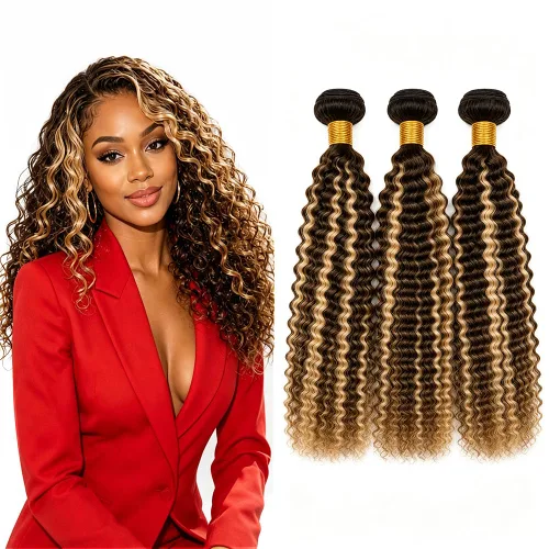 Vista 246 de P4613 Cabello humano rizado onda profunda marrón y paquetes mixtos 8 10 12 P4613 Ombre Marrón-Rubio-DP