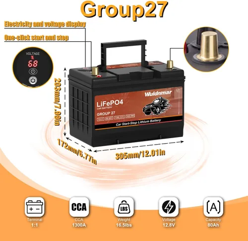 Vista 4 de Batería de arranque y parada de coche de litio G27 12V 80AH de alto rendimiento con 1300CCA y 60 meses de garantía