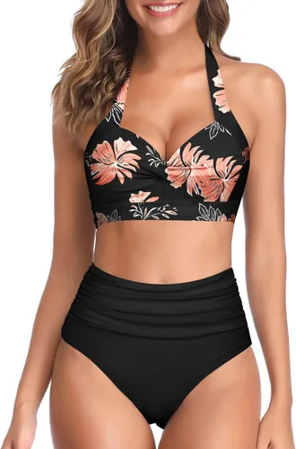 Vista 29 de Tempt Me - Traje de baño de dos piezas para mujer Bikini de cintura alta con cuello Halter vintage y retro, traje de baño con realce Bandera