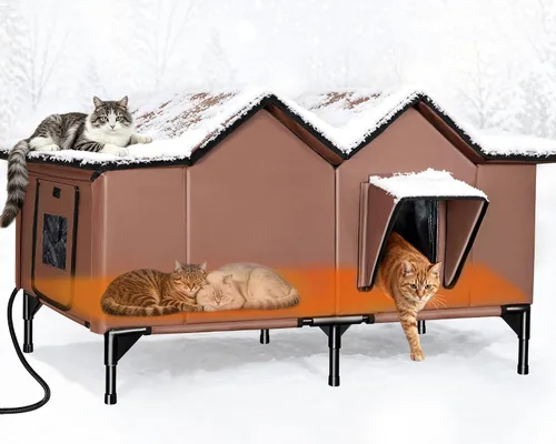 Vista 13 de Casa para gatos extra grande con calefacción para gatos exteriores, refugio de invierno aislado a la intemperie con almohadilla térmica termostática