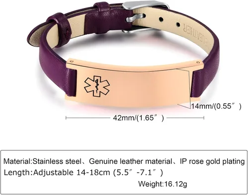 Vista 14 de MPRAINBOW Pulsera de alerta médica personalizada para mujer, correa de reloj de cuero genuino, grabado de doble cara, diabetes, epilepsia, joyería