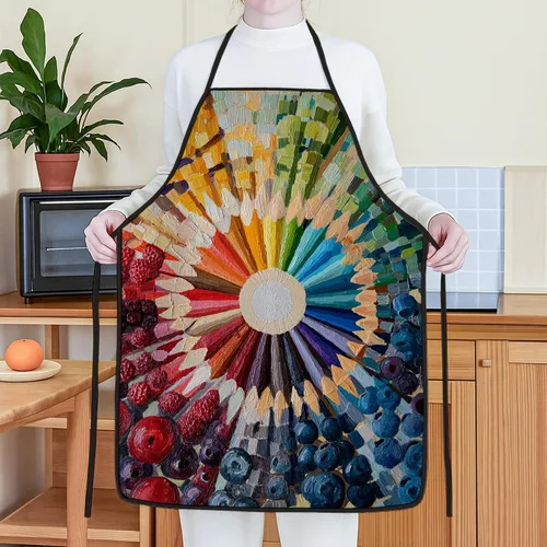 Vista 4 de Colorful Art Supplies Apron for Painting, Vibrant Rainbow Pencil Design Kitchen Adult Apron, Artist Work Protective Wear f