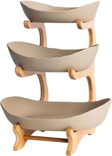Vista 5 de Cesta de frutas de 3 niveles con soporte de bambú para encimera de cocina, cesta de frutas de cerámica de gran capacidad para almacenamiento