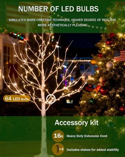 Vista 8 de Tybeeu Árbol de abedul iluminado de 3 pies con 64 luces LED blancas cálidas para decoración de vacaciones, diseño realista, certificado UL