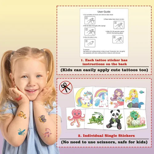 Vista 3 de 104 piezas de tatuajes temporales para niños para suministros de fiesta, pegatinas de tatuajes temporales de dinosaurios, unicornios y sirenas