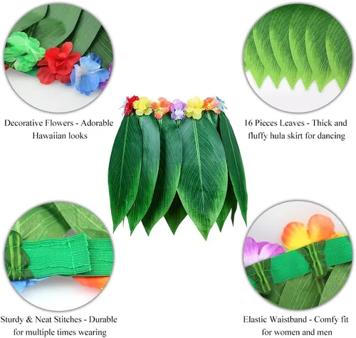 Vista 3 de Hangnuo Juego de 5 piezas de falda hula hawaiana con hojas verdes, collar, pulseras, diadema, recuerdos de fiesta Luau para adultos, mujeres