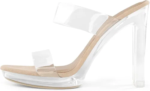 Vista 2 de DREAM PAIRS Sandalias de tacón grueso con dos correas transparentes y puntera abierta para mujer