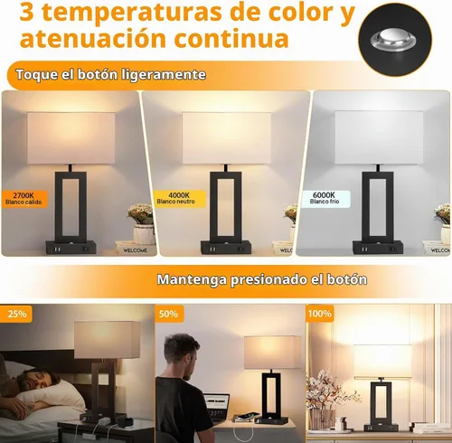 Vista 2 de Kondras Juego de 2 lámparas de mesa para dormitorios, 3 temperaturas de color, control táctil, lámparas de noche con 2 puertos USB y salida de CA