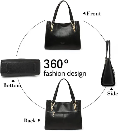 Vista 4 de Bolso de mano de cuero genuino para mujer, bolso de mano grande de trabajo con asa superior, bolso de hombro para mujer, 02 negro
