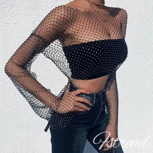 Vista 6 de Fstrend Cadena de malla de cristal con diamantes de imitación, parte superior corta negra, manga larga, bikini transparente, A