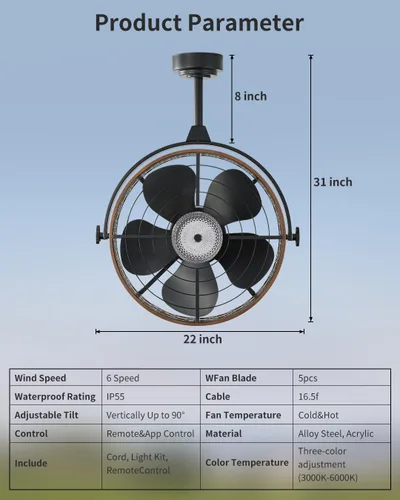 Vista 2 de Ventilador de techo para exteriores con luz, ventilador de techo impermeable con clasificación IP55 con cabezal inclinable y cable de enchufe