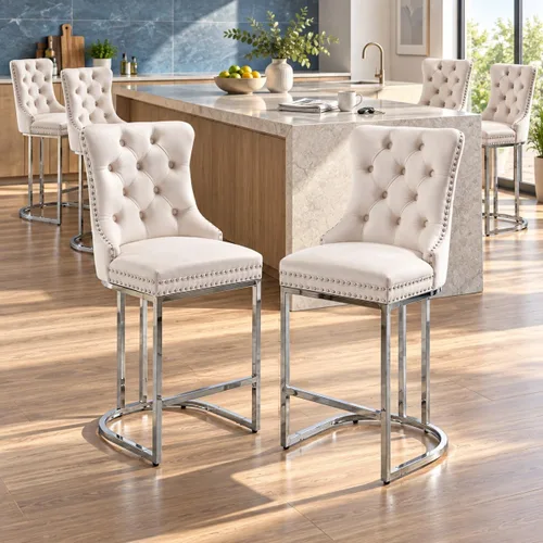 Vista 11 de Juego de 2 taburetes de bar de terciopelo beige con respaldo alto 1 beige.