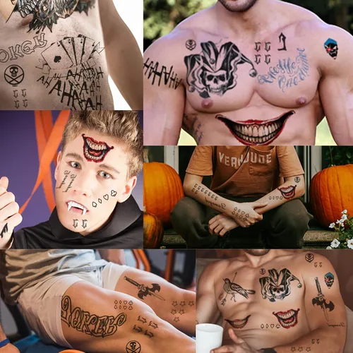 Vista 3 de Joker Tattoos 13 hojas, tatuajes temporales de Halloween para hombres, calcomanías de tatuaje falso de escuadrón suicida para adultos, disfraz