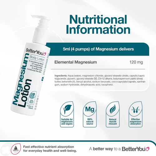 Vista 3 de BetterYou Loción corporal de magnesio - Crema corporal con magnesio y manteca de karité - Suaviza la piel, relaja los músculos - Nutritiva y ligera