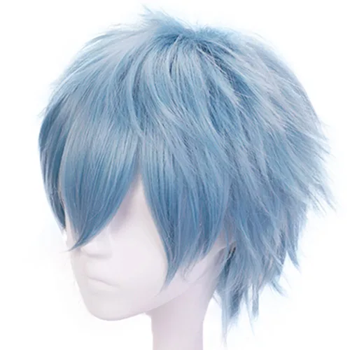 Vista 4 de ANOGOL - Peluca de cosplay de anime azul para hombre, peluca corta azul claro, pelo corto con puntas