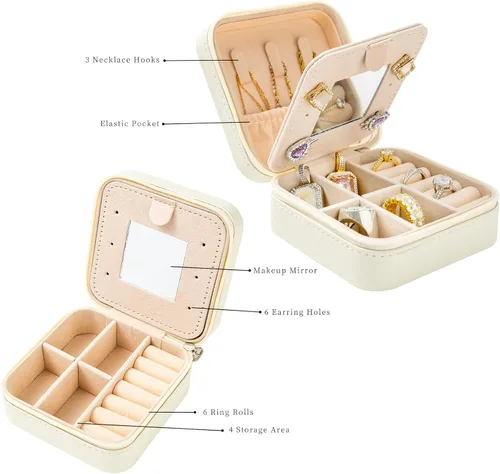 Vista 3 de KElofoN Joyero de viaje, joyero de viaje, organizador de joyas de viaje, caja organizadora de joyas pequeña para niñas y mujeres con espejo