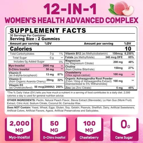 Vista 2 de Gomitas de inositol para mujer + Chasteberry, Myo-Inositol y D-Chiro Inositol 2000mg + 50mg Proporción ideal 40:1 con B12 metilado y folato, colina