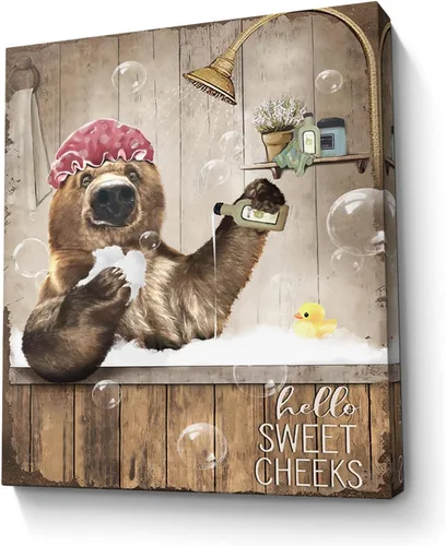 Vista 29 de Bonito oso para decoración de baño, arte de pared divertido con estampado de oso de casa de campo, pintura decorativa de pared enmarcada moderna