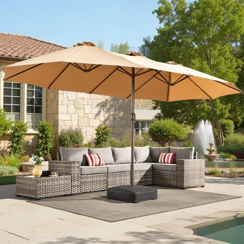 Vista 26 de HOOOWOOO Sombrilla de doble cabeza de 15 pies para patio al aire libre con Beige