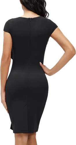 Vista 4 de MUXXN Vestido de tubo para mujer, estilo vintage, con cuello cuadrado, manga casquillo, volantes, para trabajo, negocios, bodycon