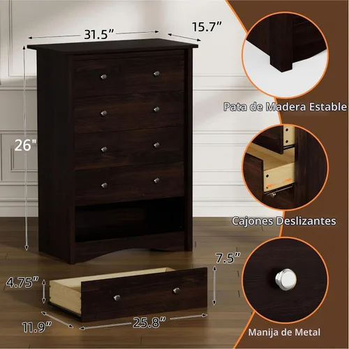 Vista 2 de Flamaker Cómoda alta para dormitorio, cómoda de 5 cajones, cómoda de madera, cómoda ancha, cajones de almacenamiento, organizador de almacenamiento