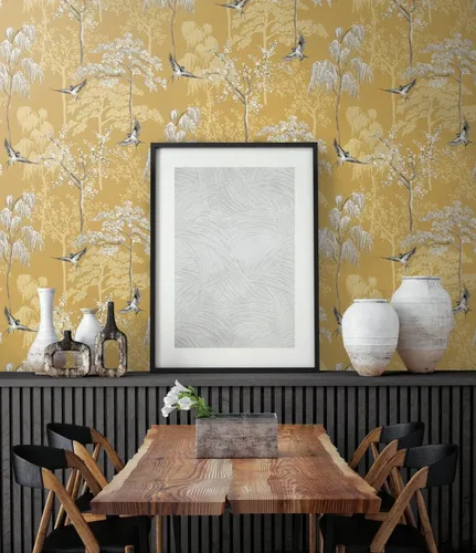 Vista 2 de NextWall Bird Garden - Papel tapiz autoadhesivo (ocre)