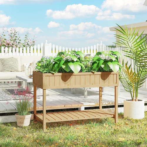 Vista 8 de Outsunny Cama de jardín elevada de 43 x 18 x 30 pulgadas con 8 bolsillos y estante, maceta elevada de madera con patas para cultivar hierbas, Madera