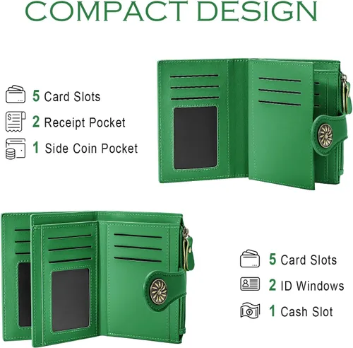 Vista 5 de Tipmile Billeteras pequeñas de cuero para mujer, con 2 ventanas de identificación, con bloqueo RFID, tarjetero con cremallera y bolsillo para Verde