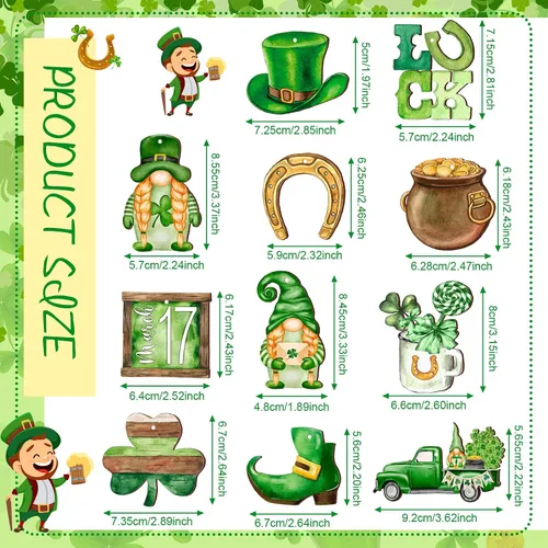 Vista 3 de Spiareal 36 piezas Adornos de día de San Patricio en madera, adorno colgante de trébol verde, gnomo verde, camión, recorte de madera, decoración