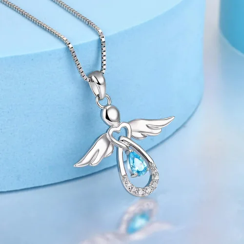 Vista 3 de FJ Collar de ángel de plata de ley con dije de corazón de ángel de amor infinito, gota de lágrima AAA para mujer, Circonia cúbica