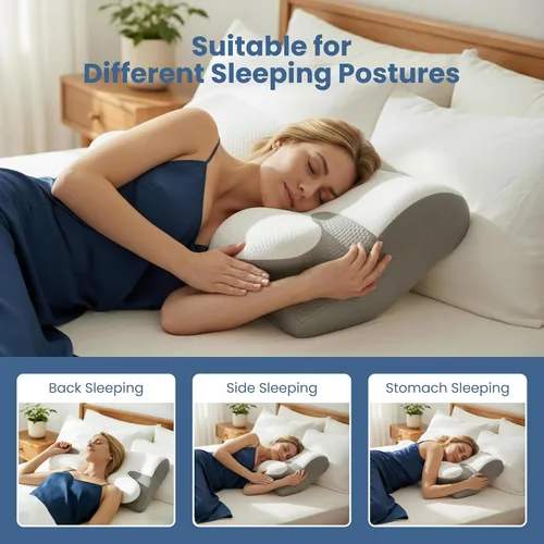 Vista 6 de Almohada ergonómica de espuma viscoelástica cervical para aliviar el dolor de cuello, almohada de contorno ajustable con centro hueco y funda