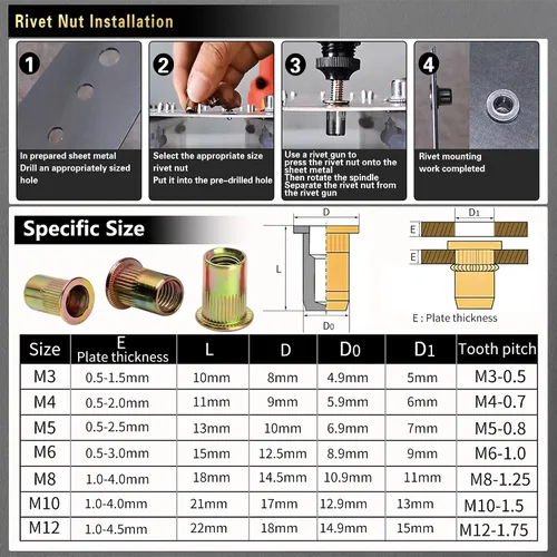 Vista 4 de Kit de herramientas de tuerca de remache a presión, 750 piezas combinación de tuercas remachables métricas (M6/M5/M4/M3), adecuado para muebles