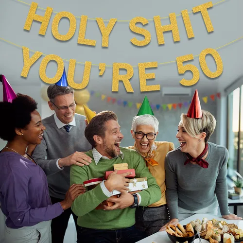 Vista 7 de Decoraciones de fiesta de 50 cumpleaños, pancarta para mujeres y hombres, cartel de decoración de fiesta de cumpleaños con purpurina dorada