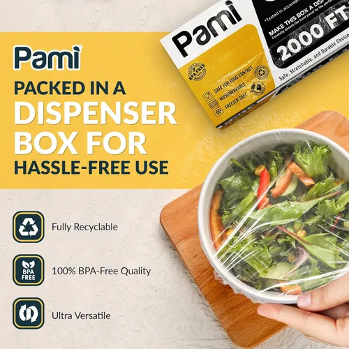 Vista 2 de PAMI Envoltura de plástico para alimentos de 12 pulgadas x 2000 pies con cortador deslizante, película elástica segura, sin BPA, apta