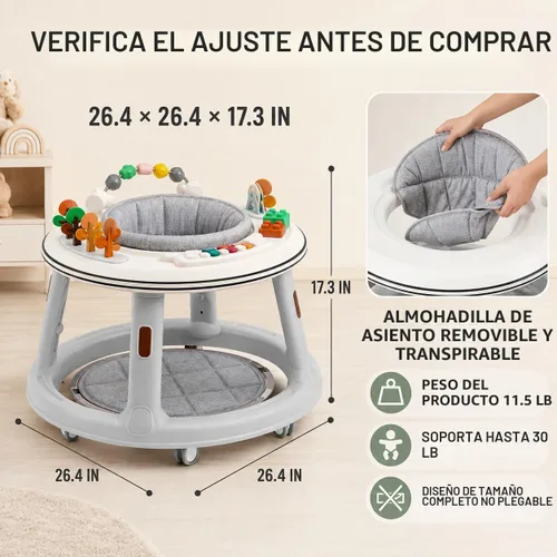 Vista 9 de Andador de bebé 5 en 1 con ruedas, gorila, andador de empuje y mesa de Gris