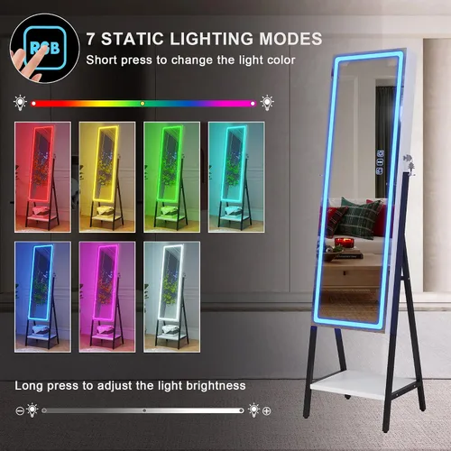 Vista 3 de HNEBC Armario de joyería con espejo LED RGB, organizador de joyas de pie de longitud completa con almacenamiento, espejo de joyería con cerradura
