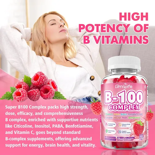 Vista 4 de Gomitas de complejo de vitamina B, todas las vitaminas B + metilo B12, B1, B2, B3, B5, B6, biotina, metilfolato, vitamina C, colina, inositol, PABA