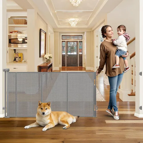 Vista 8 de Puertas de bebé extra anchas de 100 pulgadas para gran apertura, puerta retráctil para interiores para perros, puertas para cachorros para la casa